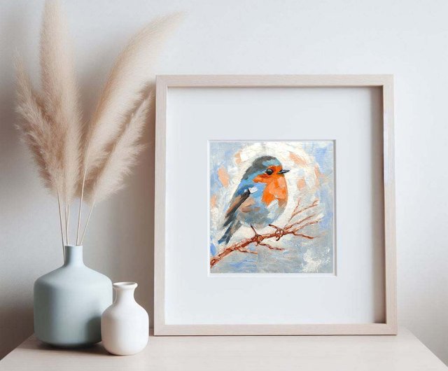 ロビン鳥の絵画オリジナルの鳥の壁アート動物アートワークミニ