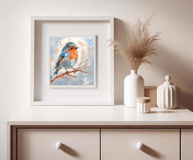 ロビン鳥の絵画オリジナルの鳥の壁アート動物アートワークミニ油絵