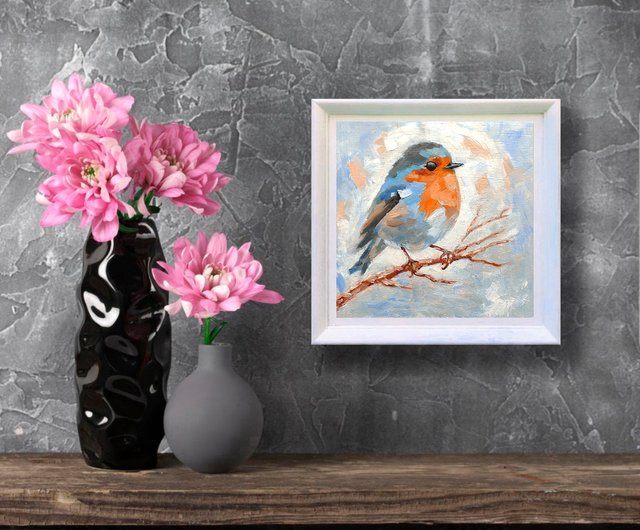 ロビン　油絵 ロビン鳥の絵画オリジナルの鳥の壁アート動物アートワークミニ