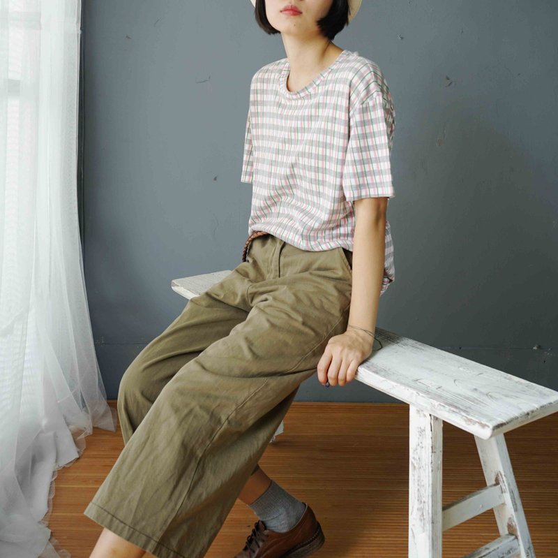 尋寶古著-comme des garcons粉紅灰格圓領棉質T - 女 T 恤 - 棉．麻 粉紅色