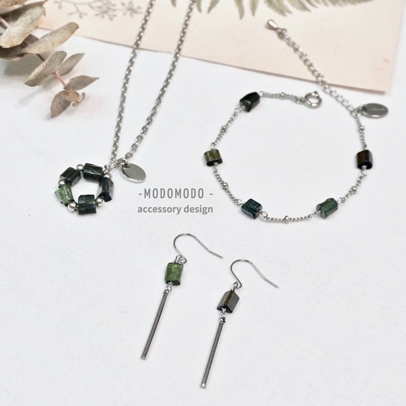 ll 巴西綠碧璽飾品組 ll Verdelite綠碧璽316L鋼 項鍊 手鍊 耳環 - 項鍊 - 半寶石 綠色