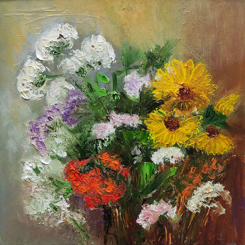 Garden Flowers Bouquet Original Oil Painting Floral Wall Art Gift 手工油畫 油畫原作 - โปสเตอร์ - วัสดุอื่นๆ หลากหลายสี
