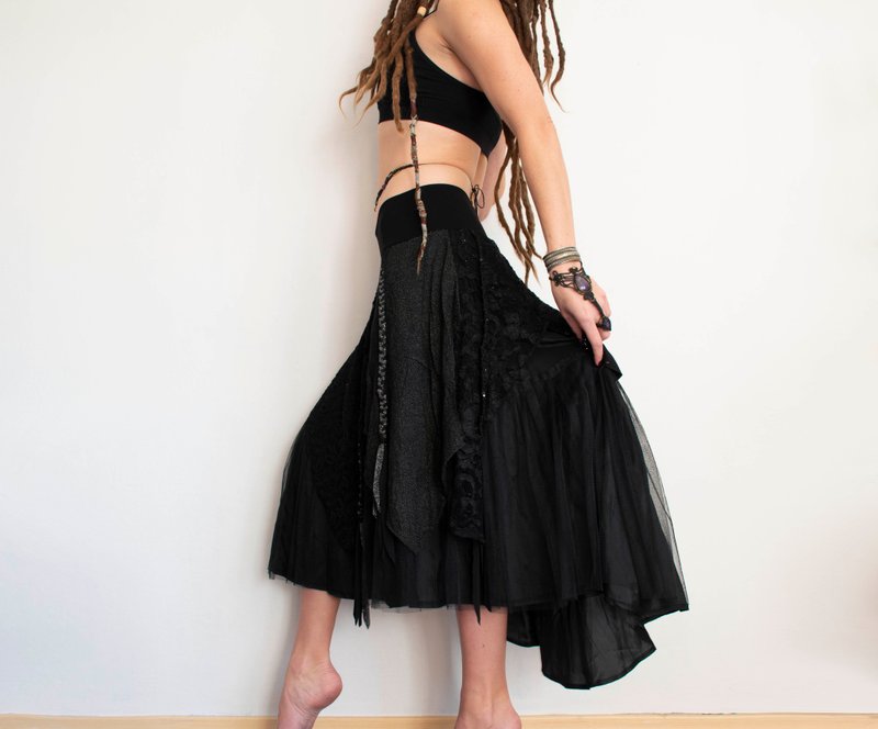 Black bohemian punk skirt, layerd street style skirt - 裙子/長裙 - 其他材質 黑色