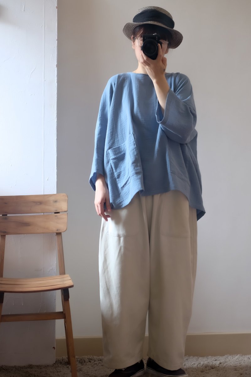 Smoked Blue Wide Version Sleeves Boxer - Women's Tops - Cotton & Hemp Blue