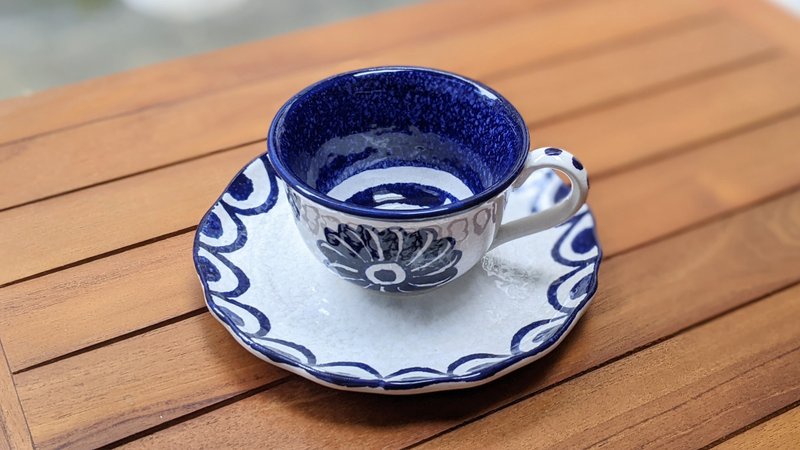 Italian handmade pottery-PTB ancient city totem coffee cup and plate set 200ml - Mugs - Pottery Blue