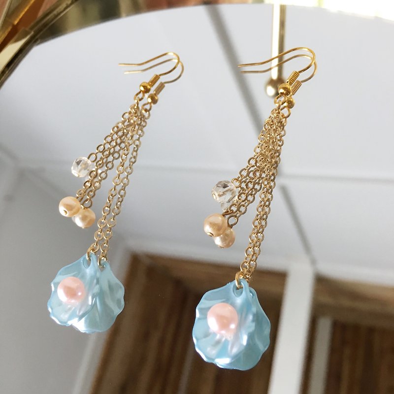 Shellfish and chain earrings vol.4 - 耳環/耳夾 - 塑膠 藍色
