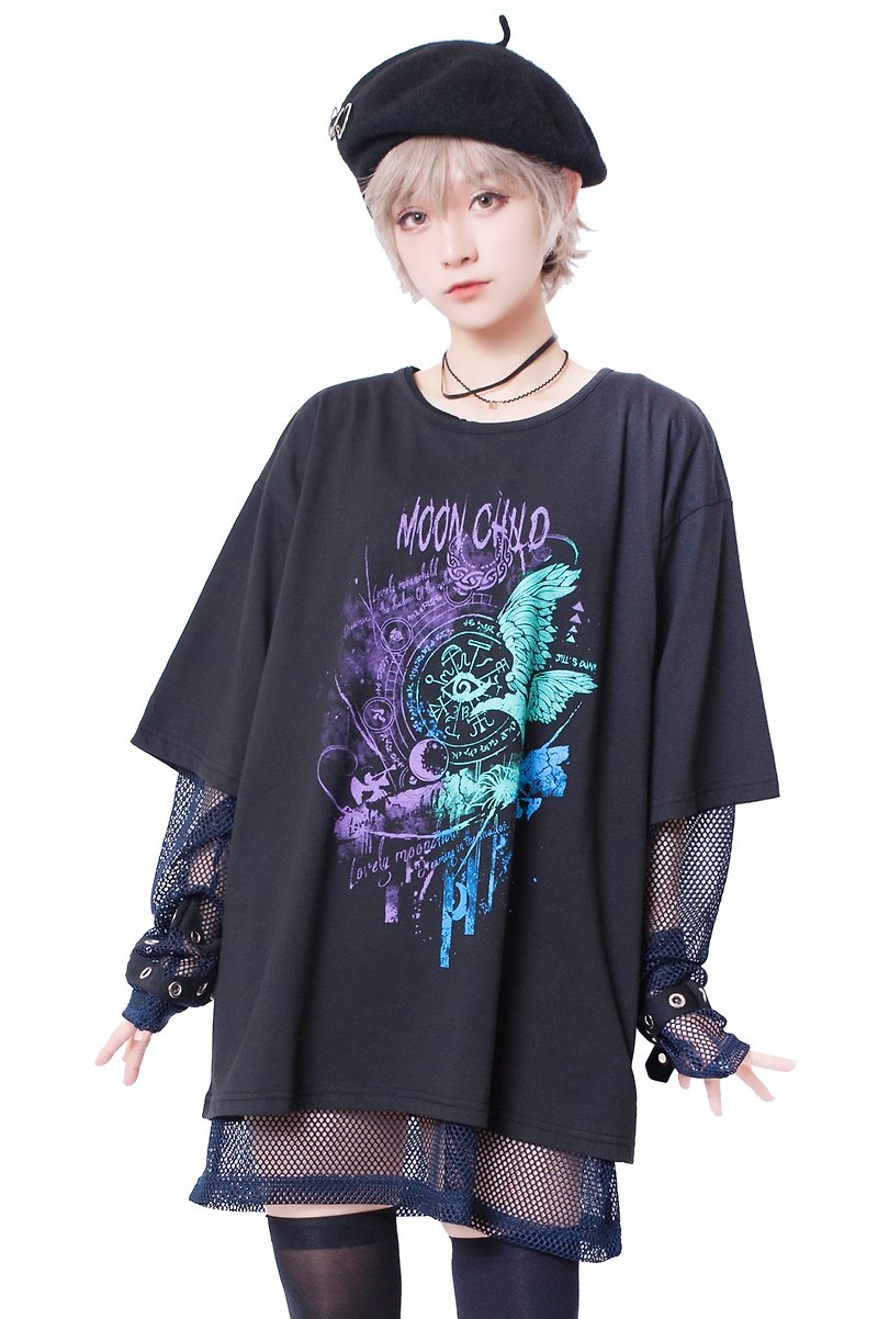 harajuku punk tattoo fashion moon child oversized unisex S-sleeve tshirt【JJ2301】 - Unisex Hoodies & T-Shirts - Other Materials Black