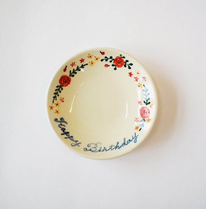 Hand-painted small porcelain plate-Happy Birthday - Small Plates & Saucers - Porcelain Red