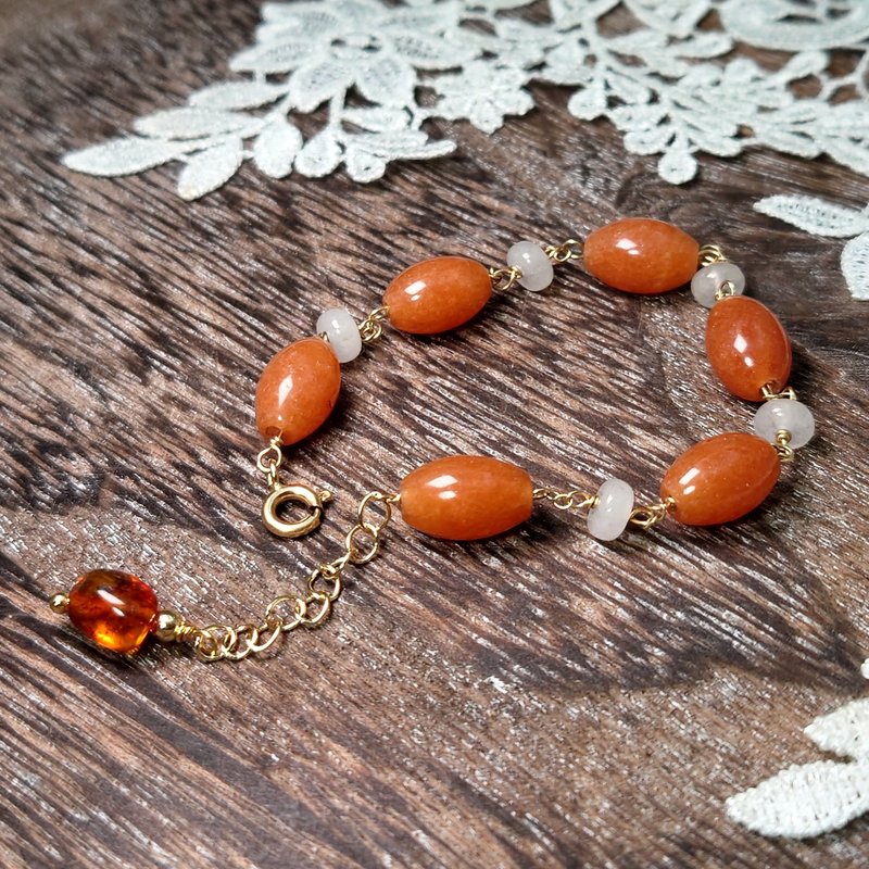 Bracelet, Red Aventurine, Jade-Albite, Amber, Gold Filled, Handmade Jewelry - สร้อยข้อมือ - เครื่องเพชรพลอย 