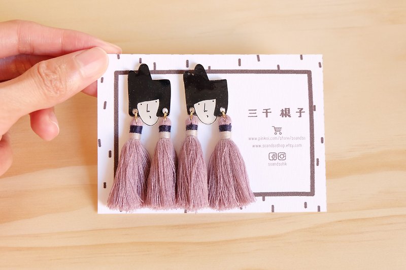 Three thousand roots series / tassel earrings / pink purple - Earrings & Clip-ons - Other Materials Purple