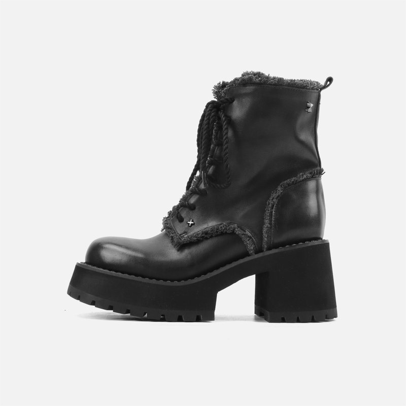 Shen Yue same style notdetailed original wasteland thick-soled Martin boots old round head thick heel short boots 8-hole women's boots - Women's Booties - Genuine Leather Black