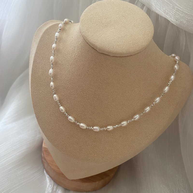 Natural Pearl Crushed Silver Necklace Adjustable Silver Jewelry Stackable