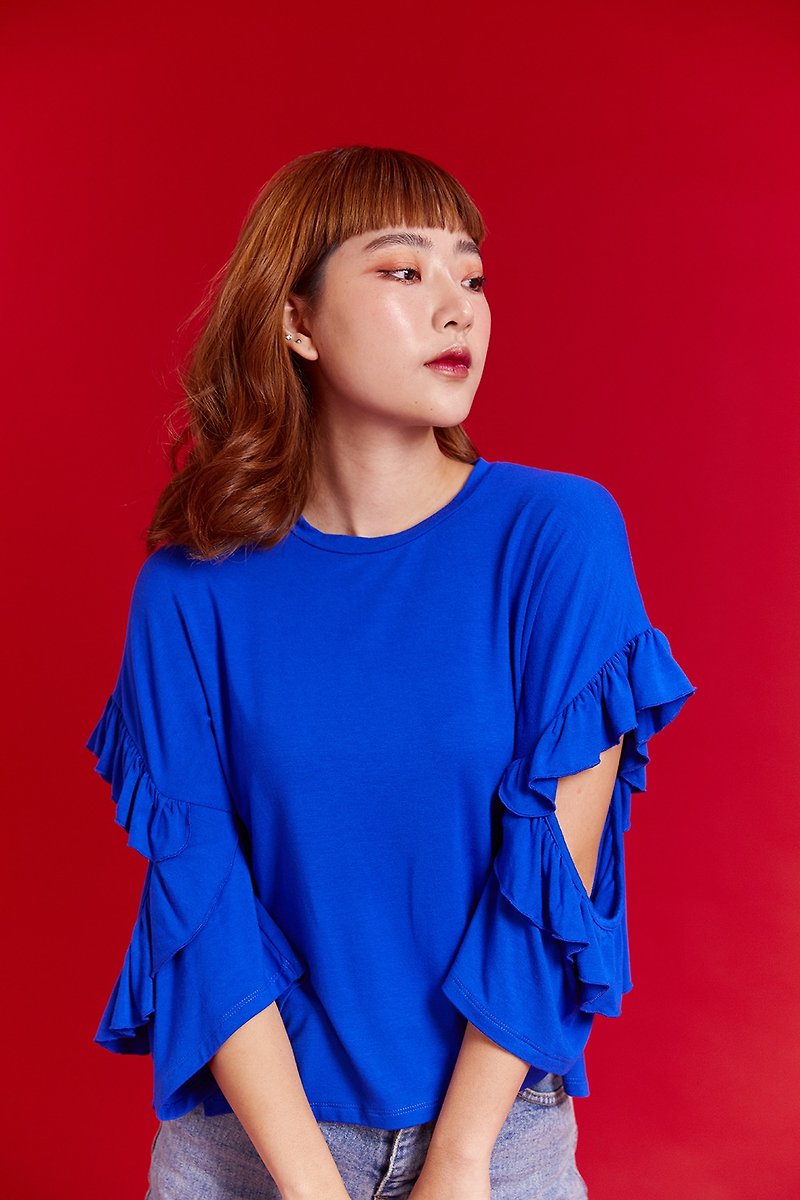 Amber T-shirt (Blue) - 女 T 恤 - 棉．麻 藍色