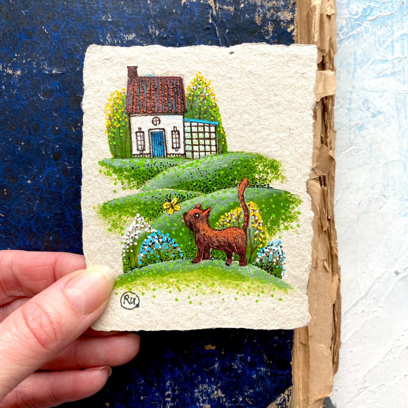 Cat and butterfly painting Tiny Original art Small artwork by Rubinova - 海報/掛畫/掛布 - 紙 多色