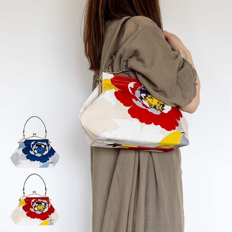 横長ベンリーがま口バッグ ぼたん Peony ハンドバッグ Frame Bag 牛革ハンドル付 日本製 - 手提包/手提袋 - 棉．麻 紅色