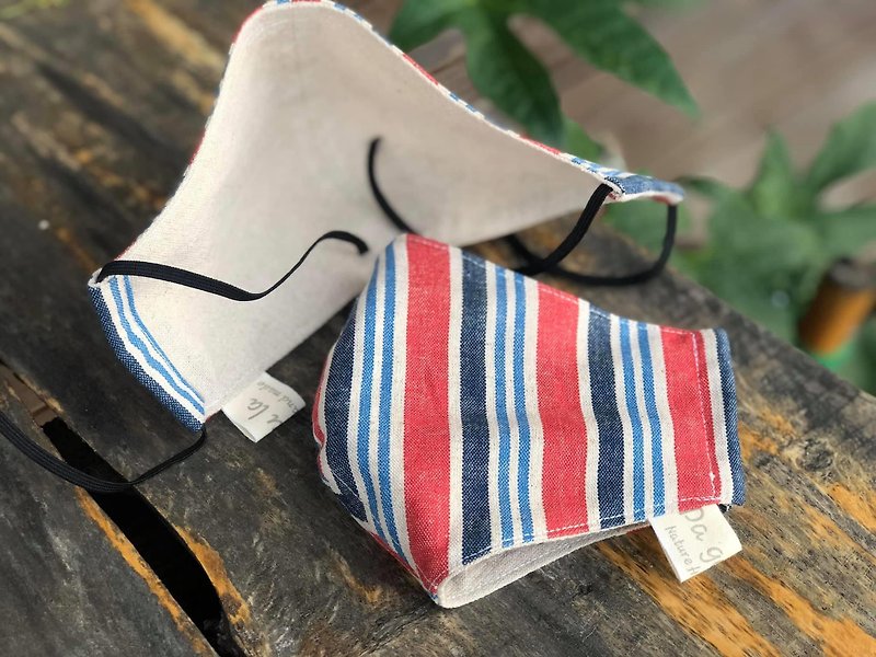 Classic red and blue striped linen mask - Face Masks - Cotton & Hemp Blue