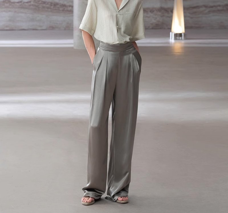 Zen Pāra Classic Waistband Acetate Trousers - กางเกงขายาว - วัสดุอื่นๆ สีเขียว