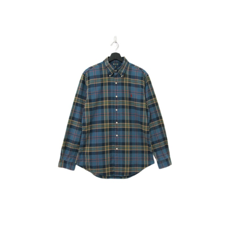 Back to Green-品牌襯衫 polo深藍混綠格紋 LP-04//vintage shirt - 男襯衫/休閒襯衫 - 棉．麻 