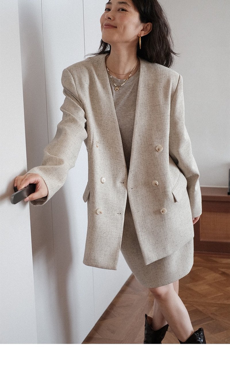 Women's wool double-breasted V-neck casual suit jacket - Women's Blazers & Trench Coats - Wool 