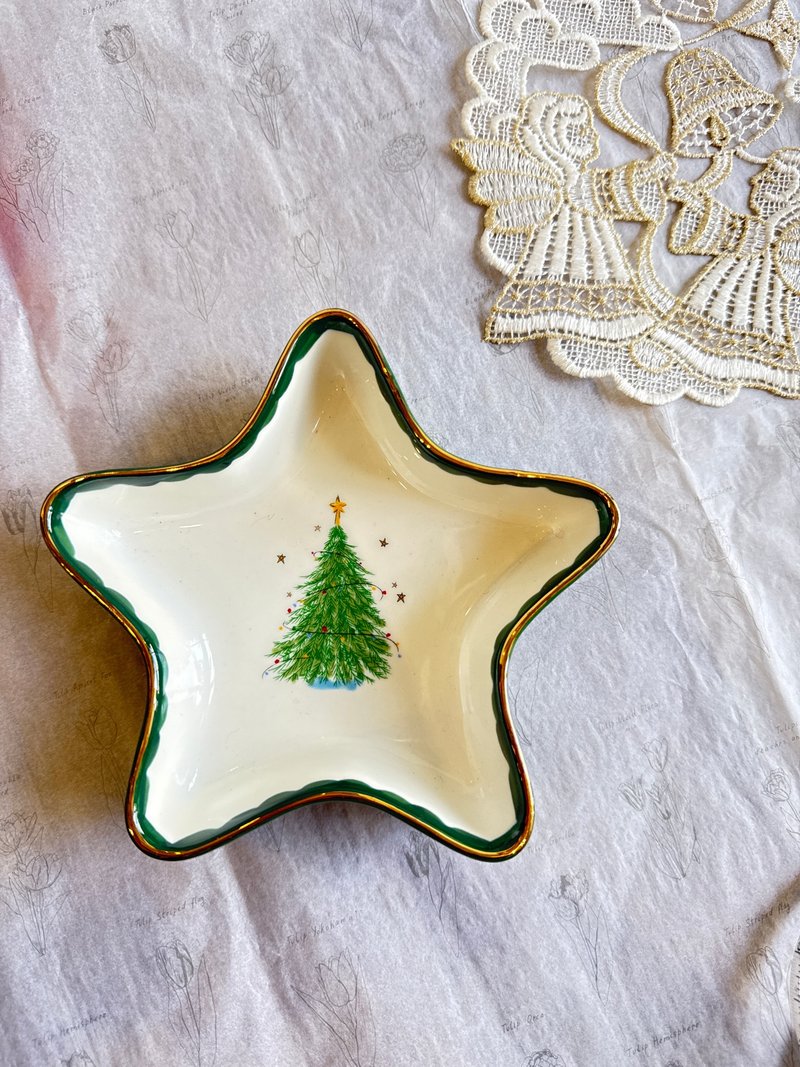 【好日恋物】韓国 クリスマスツリープレート ホリデーギフト 星型 金縁 キャンディ皿 感謝 - 皿・プレート - 磁器 グリーン