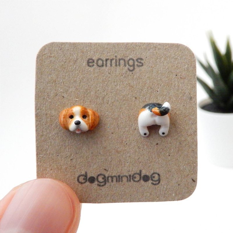 ฺBeagle earrings with papercraft box for dog lovers.