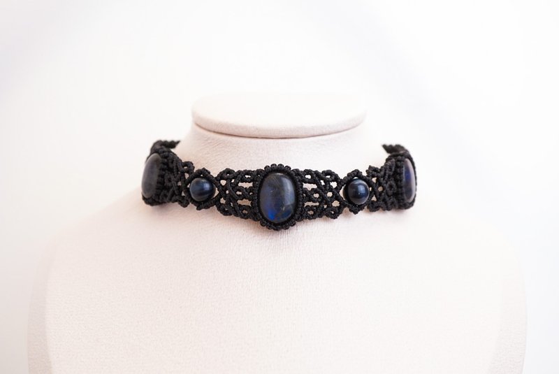 Elongated paraffin thread braided neck cord collar - Chokers - Gemstone Blue