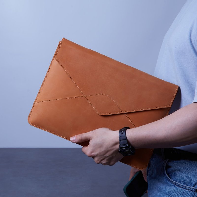 Leather laptop sleeve with pocket, elegant MacBook case - Tablet & Laptop Cases - Genuine Leather Orange