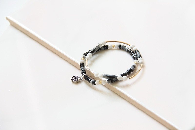 時尚能量珠寶系列-雪花石 白紋石雙手環手鍊/ Alabaster & Howlite dual bracelets (兩條組合) - 手鍊/手鐲 - 寶石 黑色