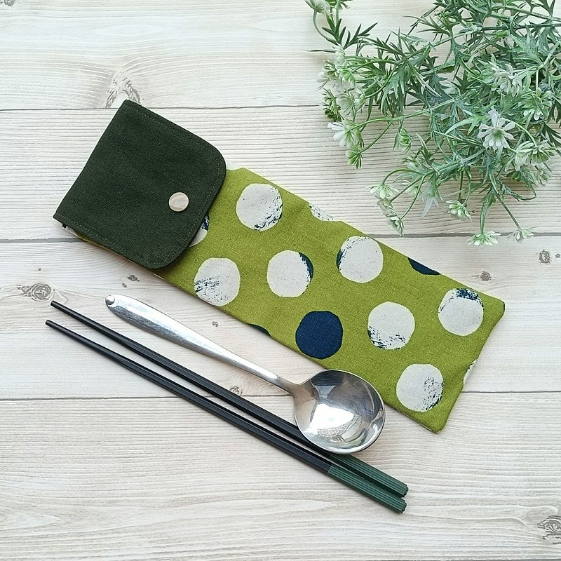 【防水餐具袋】筆刷點點 - 餐具/刀叉湯匙 - 棉．麻 綠色