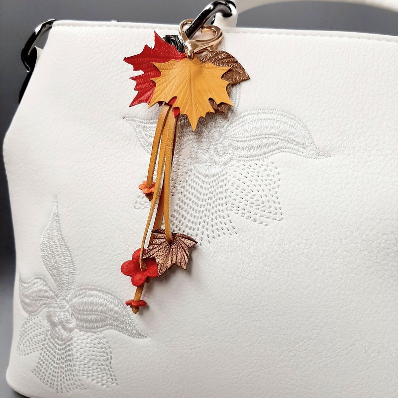 Maple Leaf Keychain Leather tassel charm Bag Leather Pendant - Keychains - Genuine Leather Multicolor