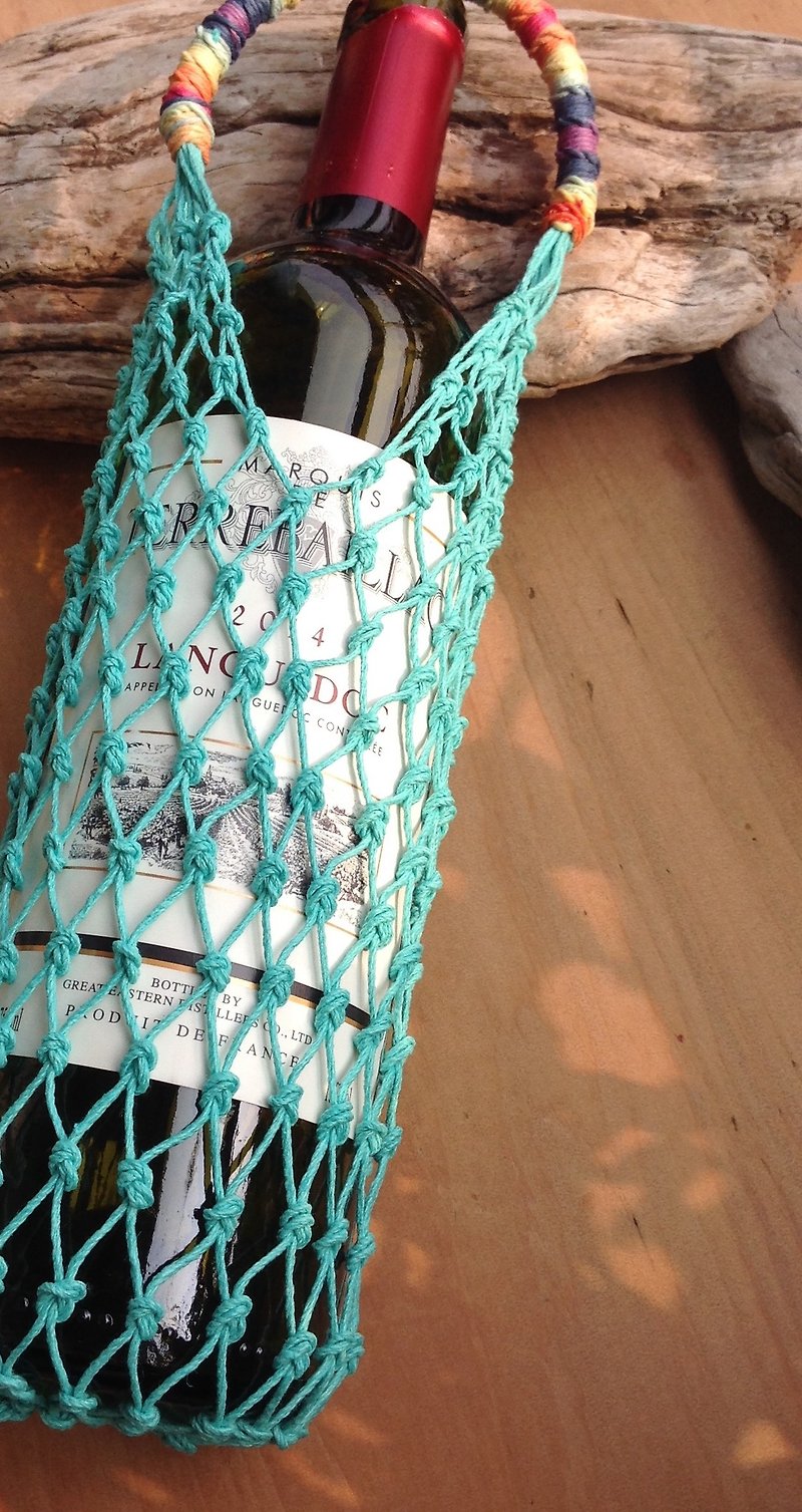 美國麻線手工編織環保袋 -土耳其藍 咖啡杯-手搖杯 酒瓶 - 杯袋/飲料提袋 - 棉．麻 藍色