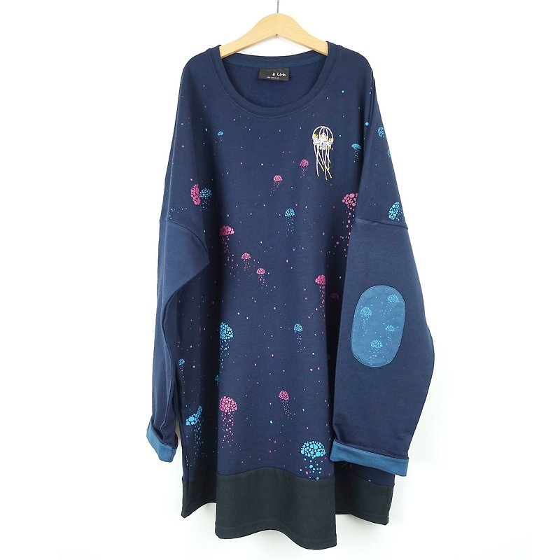 Urb. Jellyfish lamp / long sleeve / stitching patch pocket dress - ชุดเดรส - ผ้าฝ้าย/ผ้าลินิน สีน้ำเงิน