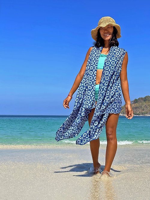 Earthernwear Rayon cotton kimono wrap for the beach or home. Natural indigo dyed cover up.