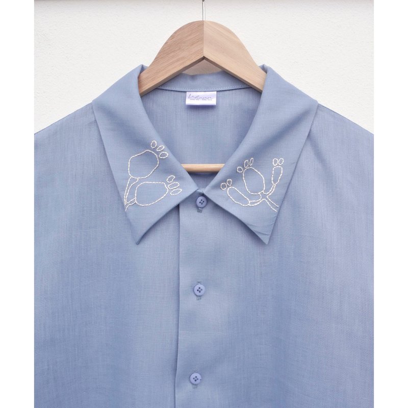 Embroidery | Linen | Cropped shirt, dark blue - Women's Shirts - Cotton & Hemp Blue