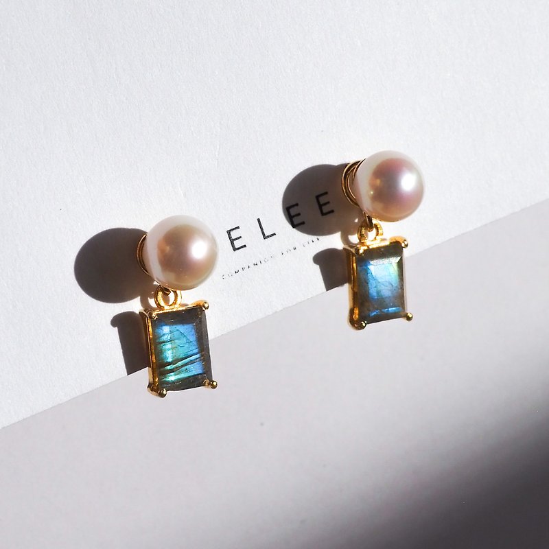Labradorite & Water Pearl Earrings      2-Way Allergy-Free - Earrings & Clip-ons - Semi-Precious Stones Blue