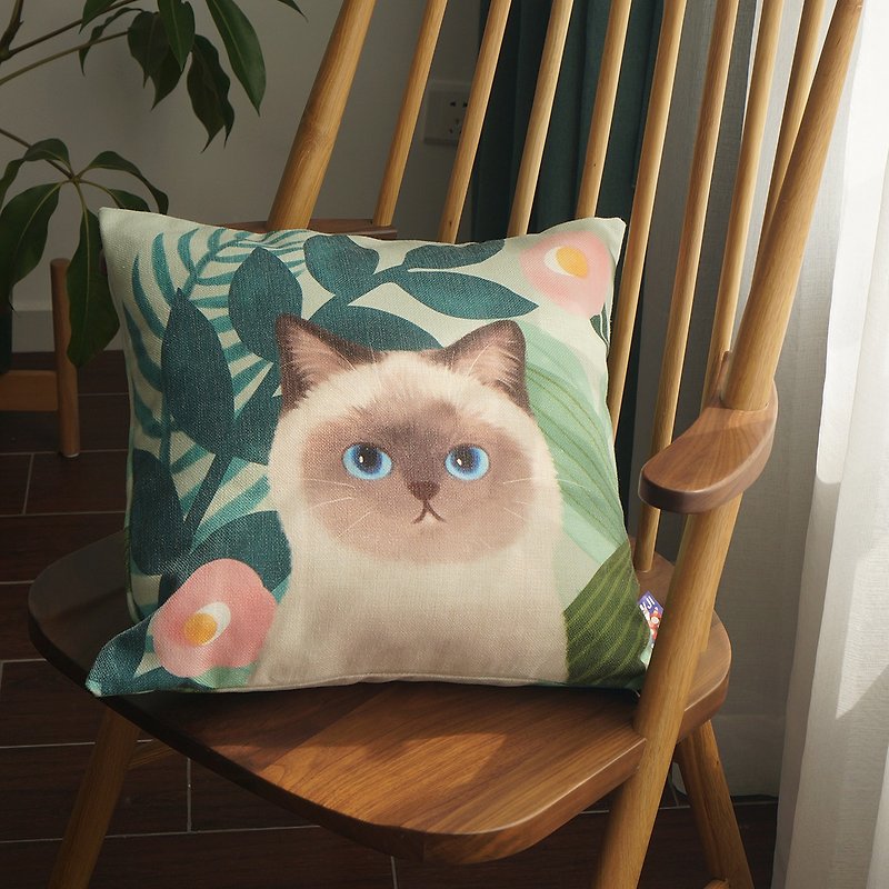 妙吉原創設計貓咪與植物棉麻抱枕暹羅貓款 - 枕頭/咕𠱸 - 棉．麻 多色