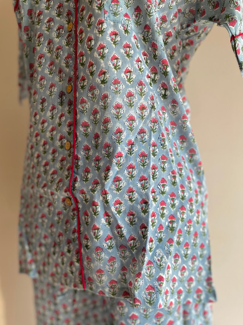 印度齋浦爾植染蓋印居家服套裝/上衣+長褲 - 睡衣/居家服 - 棉．麻 藍色