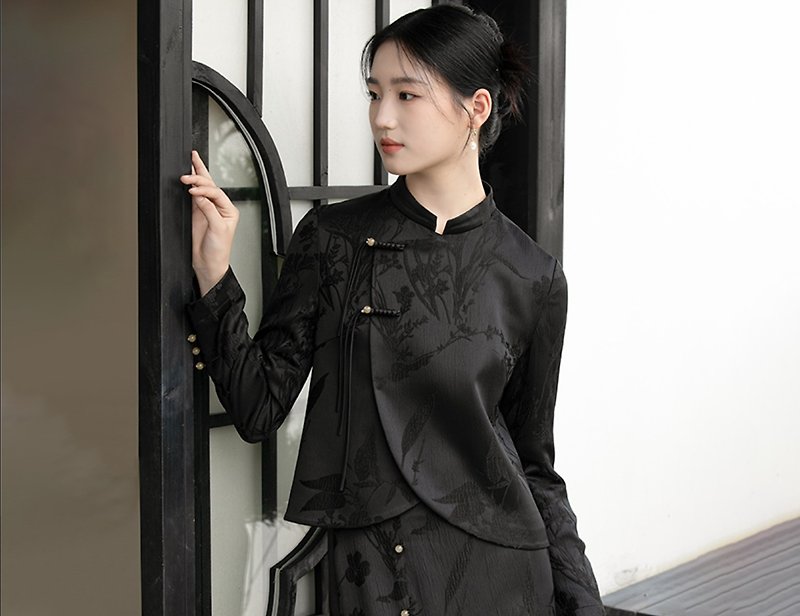 New Chinese style autumn and winter black high-end retro jacquard commuter Chinese style top/skirt/suit - ชุดเดรส - วัสดุอื่นๆ สีดำ