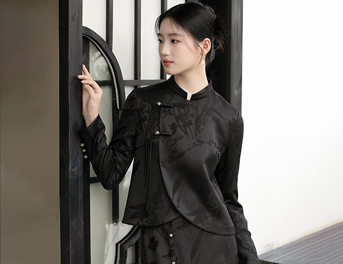 初蟬 新中式 秋冬黑色高級感復古提花通勤中國風 上衣/半裙/套裝