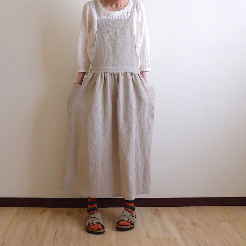 Daily hand made clothes, little girl, natural linen, bandage, work apron, washed linen - One Piece Dresses - Cotton & Hemp Khaki