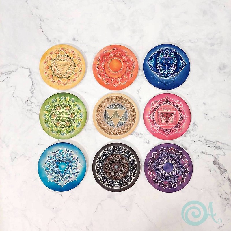 Chakra Mandala Energy Coaster Set of 9 [original/ceramic absorbent coaster/chakra/energy]