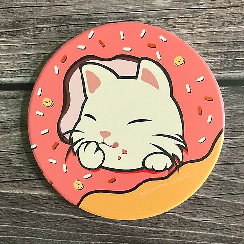 紐約狗狗 kesanitw 陶瓷杯墊 - 白貓草莓甜甜圈