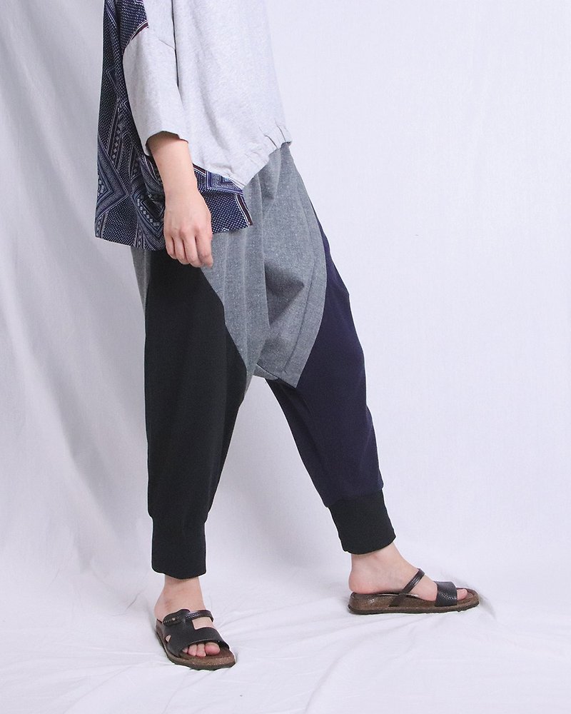 Tricolor stitching flying squirrel pants/ T2188 - Women's Pants - Cotton & Hemp Gray