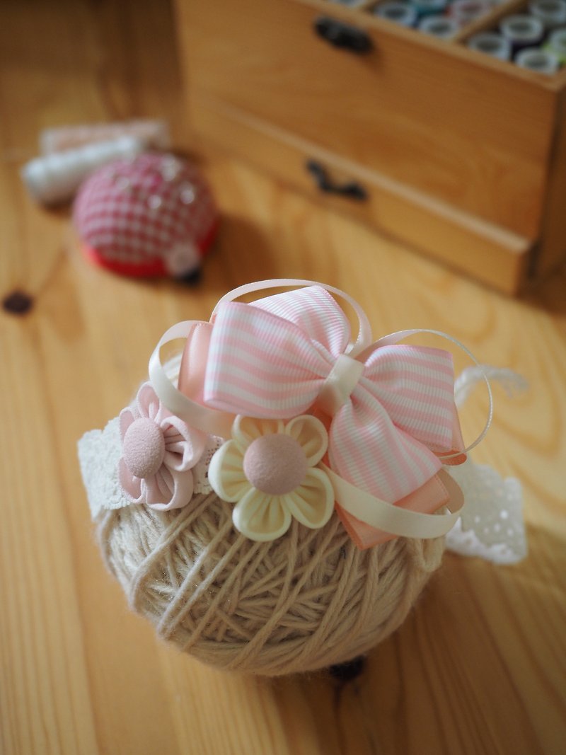 ピンクの蝶結びの小さな布の花の赤ちゃん/子供の弾性ヘアバンド - 帽子・ヘアバンド - コットン・麻 ピンク