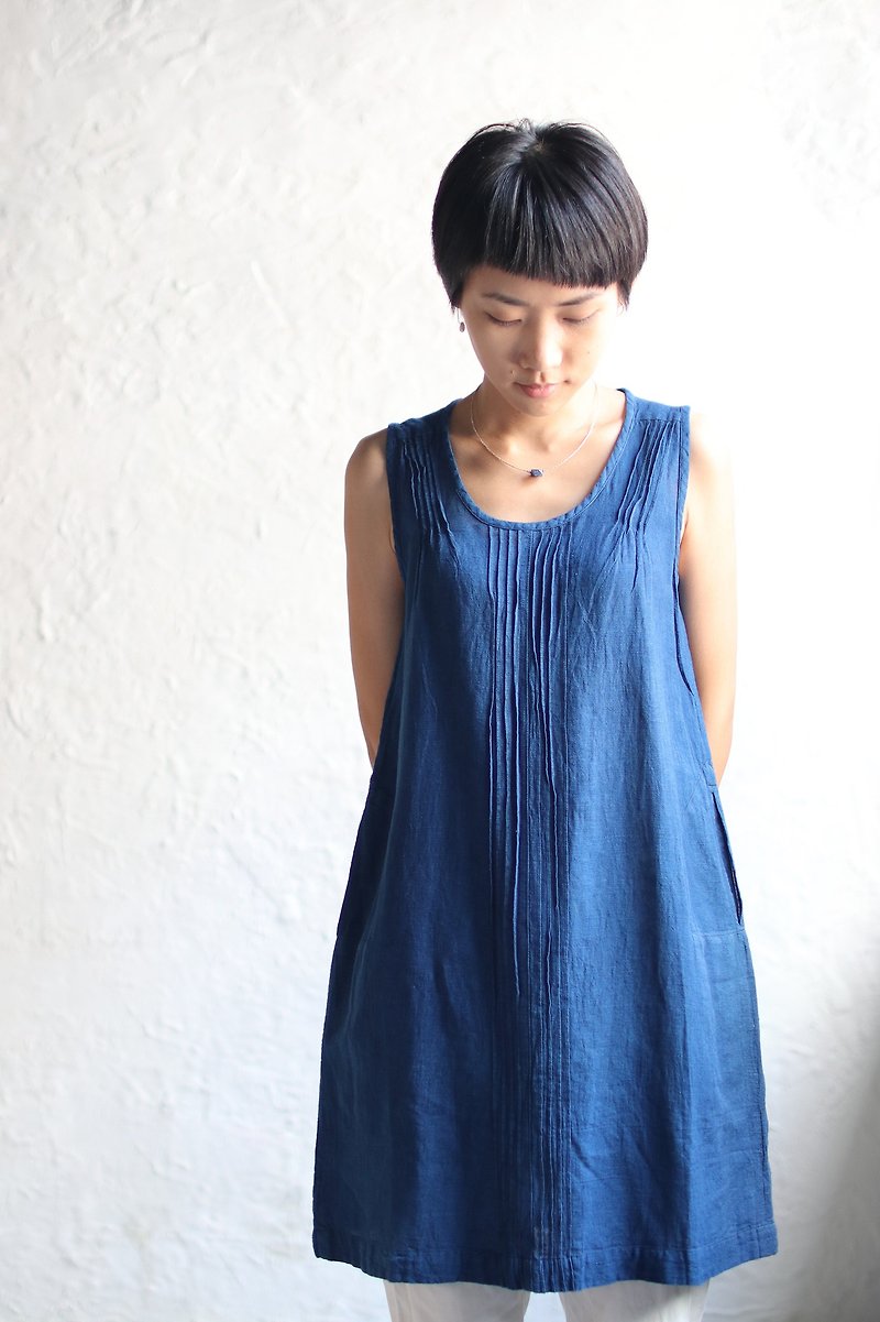 オマケオグ・タッカー胸部ベストドレス（青色色素） - ワンピース - コットン・麻 ブルー