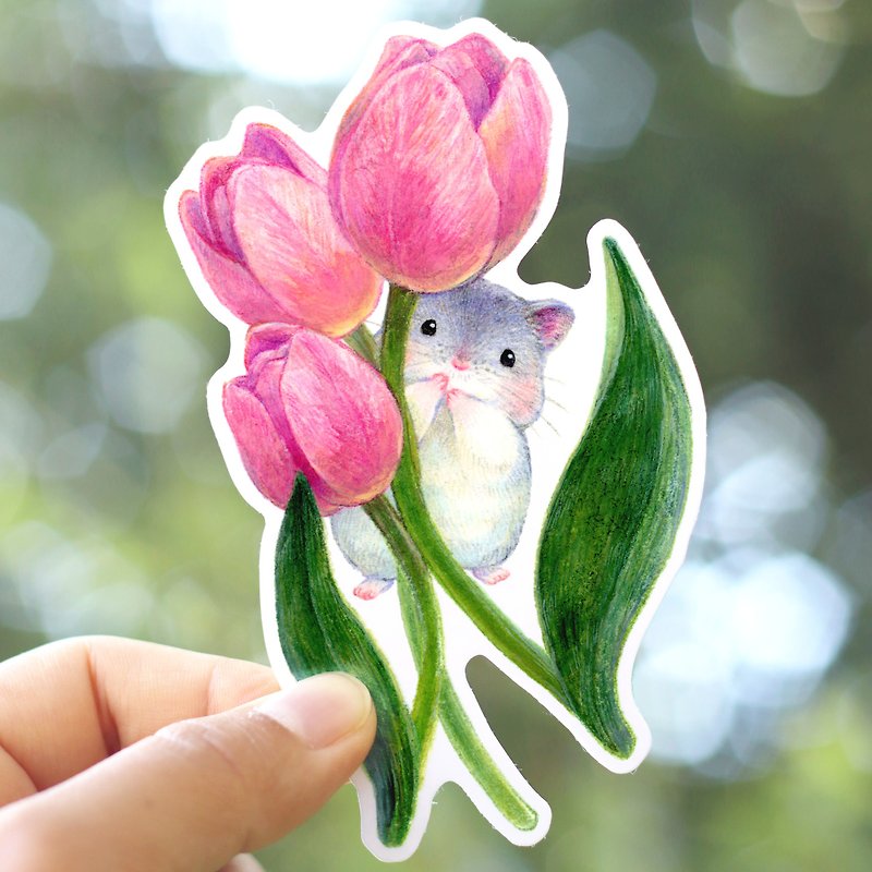 Clear Sticker/Tulip x Djungarian Hamster - Stickers - Other Materials Pink