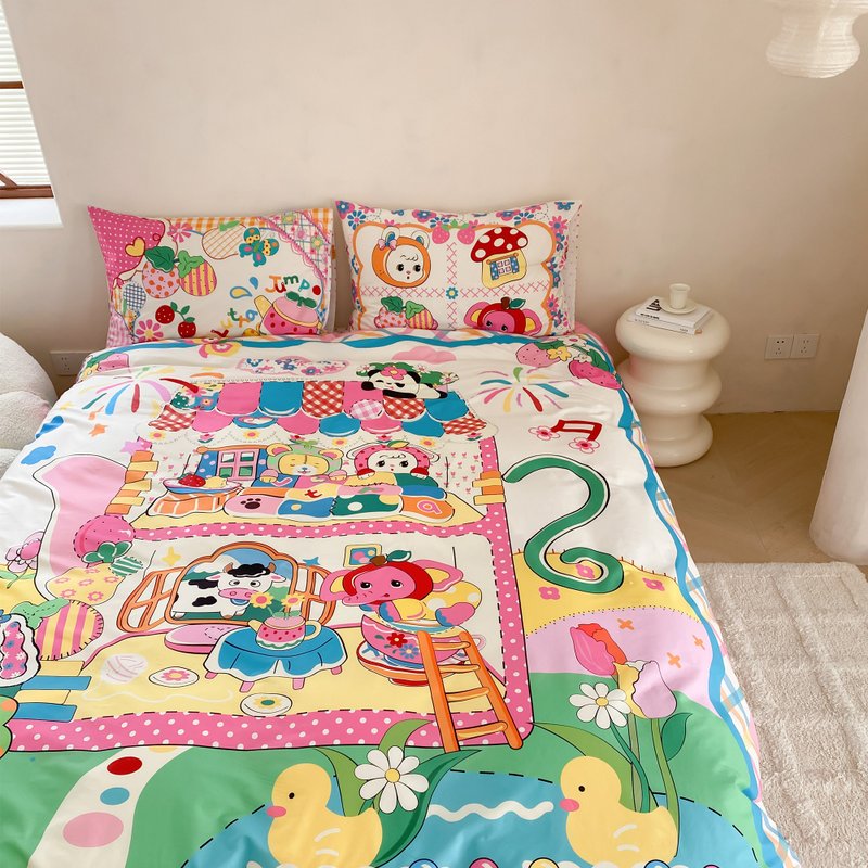 Retro Cabin Series 100% Cotton Cute Pink Dopamine Bed Bedding Set of Four - Bedding - Cotton & Hemp Multicolor