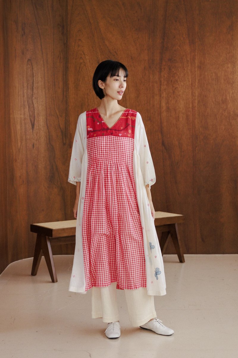 V-neck colorful handwoven red plaid long dress - ชุดเดรส - ผ้าฝ้าย/ผ้าลินิน สีแดง