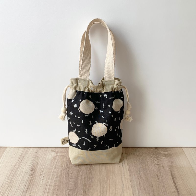 【River】Small Drawstring Tote Bag / Japanese Fabric / Hot Stamped Silver Dots - Black - Handbags & Totes - Cotton & Hemp Black