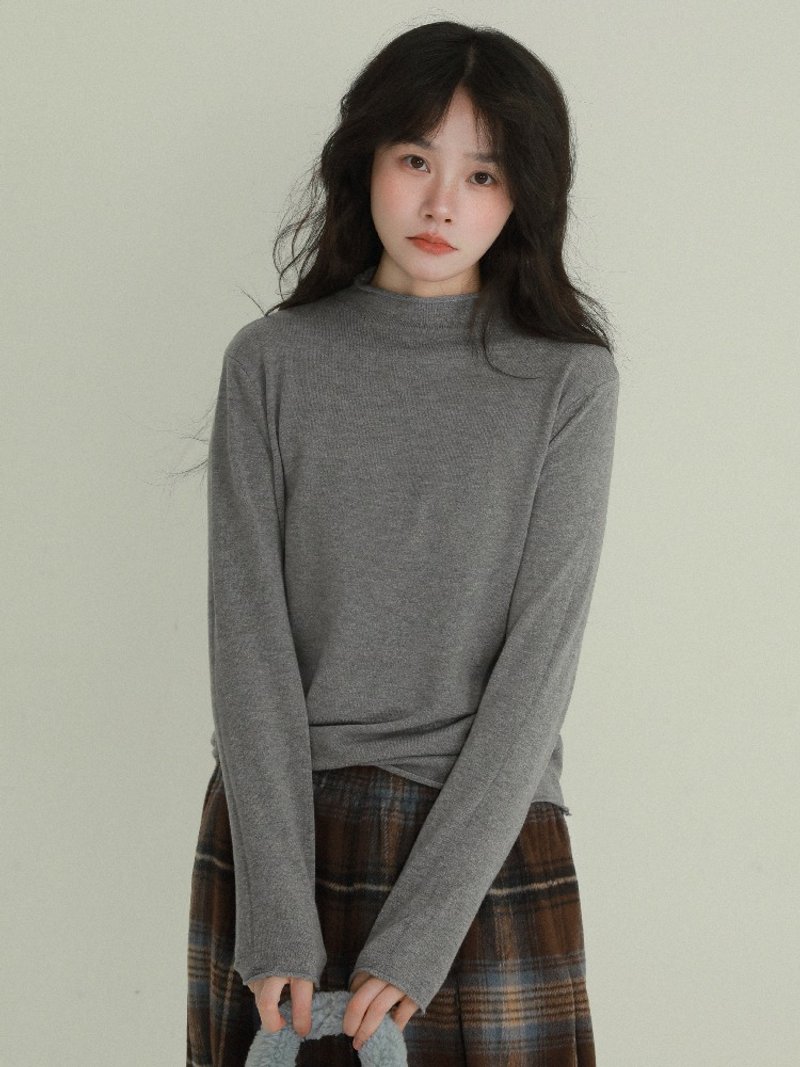 Gray rolled-edge half-high collar sweater autumn and winter warm brushed inner long-sleeved top - Women's Sweaters - Polyester Gray